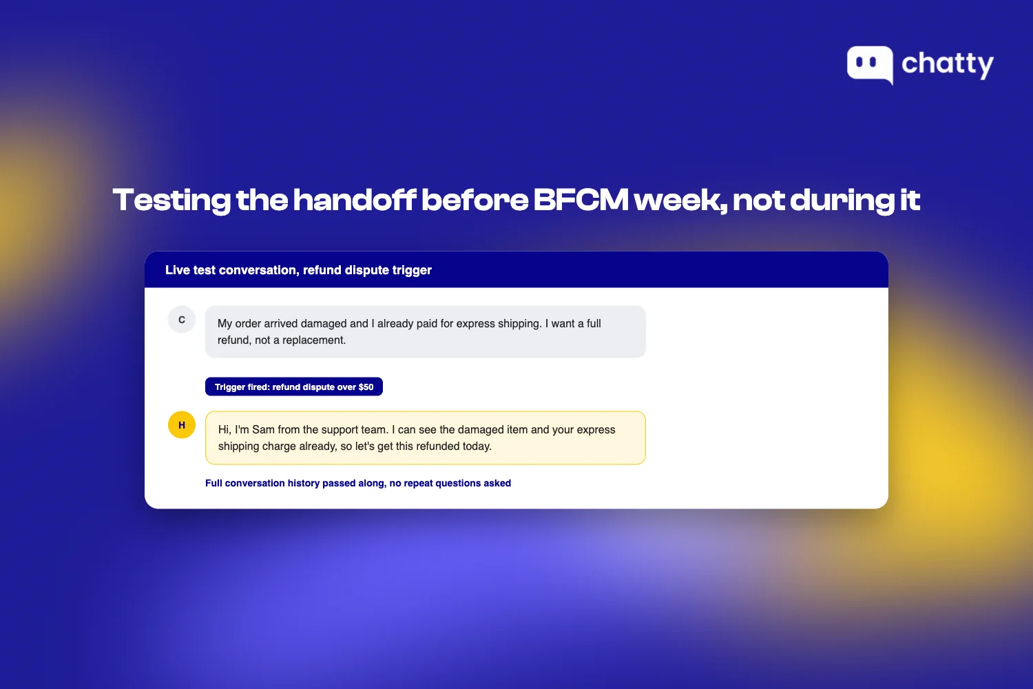 A test conversation showing a refund dispute over $50 firing the AI-to-human handoff trigger, with the human support agent's reply showing they already have the damaged item and shipping charge details, so the customer doesn't have to repeat anything