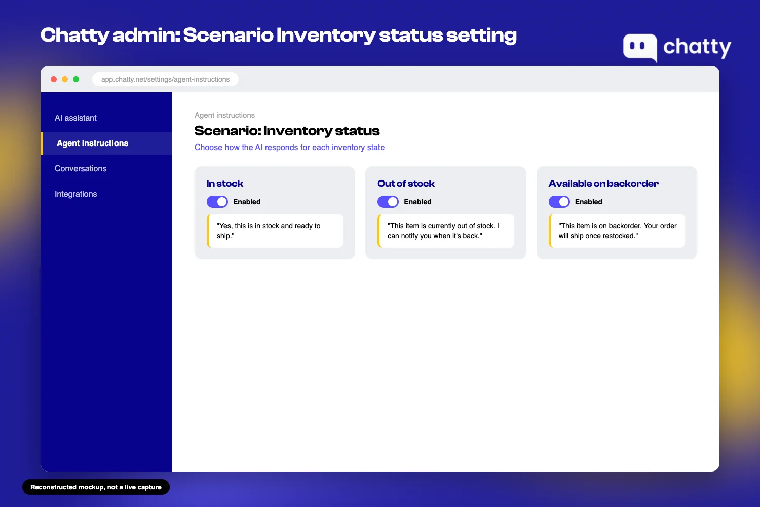 Mockup of Chatty's Scenario Inventory status setting showing in stock, out of stock, and available on backorder options so the AI does not confirm an order it cannot fulfill