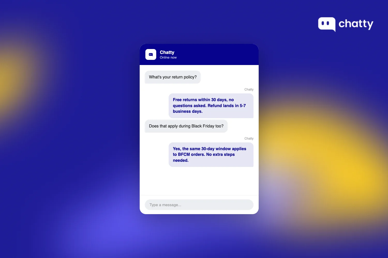 The Chatty widget on a product page answering a customer's return policy question with the same 30-day, no-questions-asked policy every time