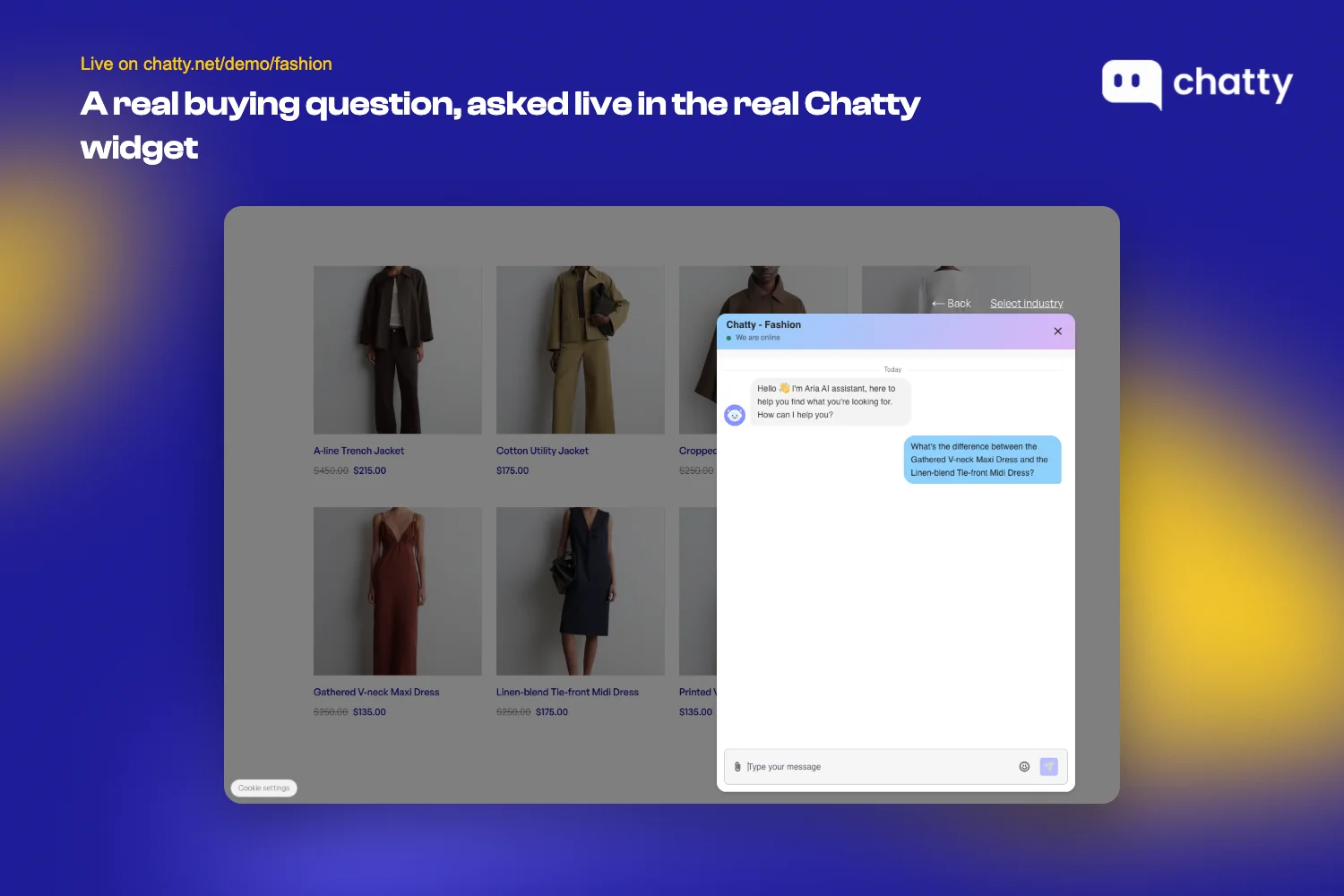A real buying question typed into the live Chatty widget on the chatty.net fashion demo store, asking for the difference between two dresses