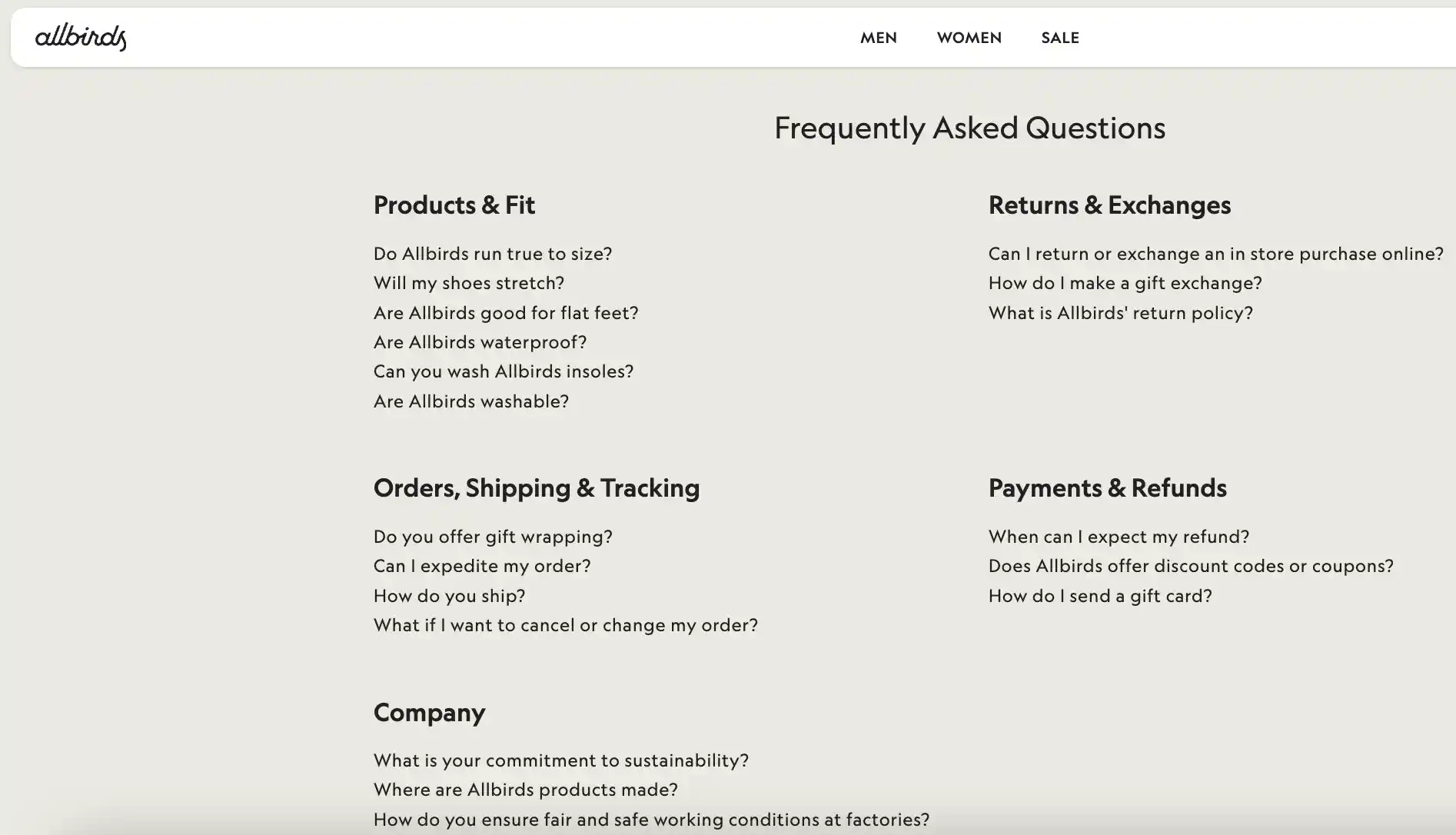 allbirds faq page products returns orders payments