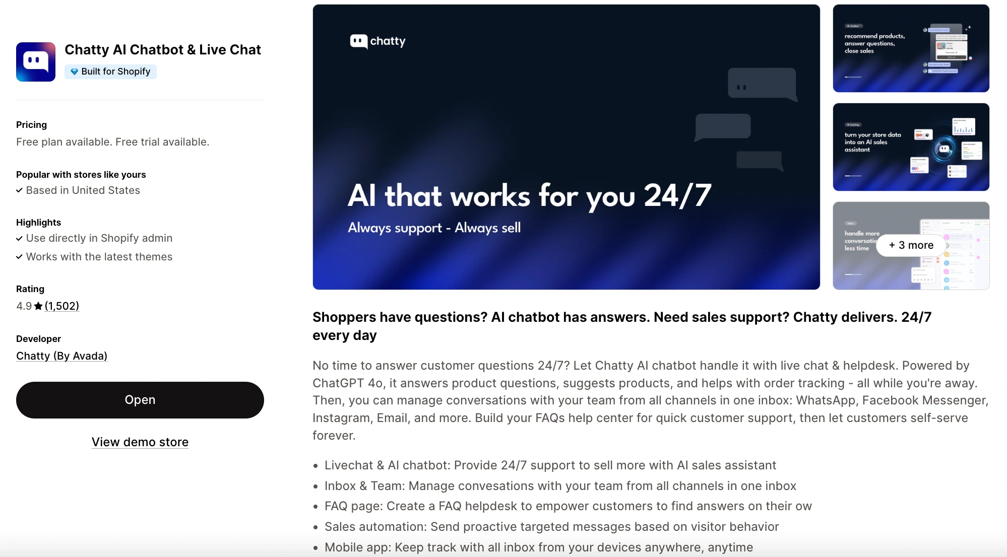 chatty ai chatbot live chat shopify app