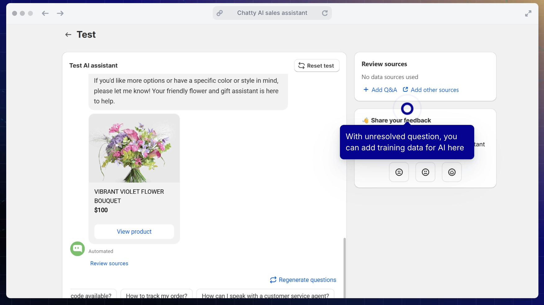 chatty ai sales assistant product suggestion demo