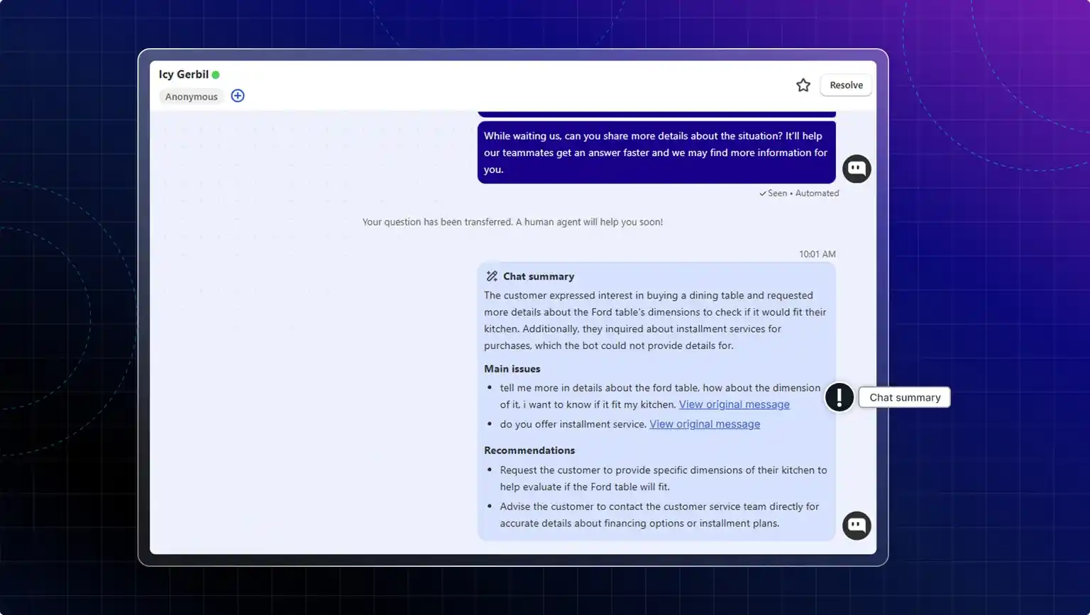chatty summary screen ai customer service interface