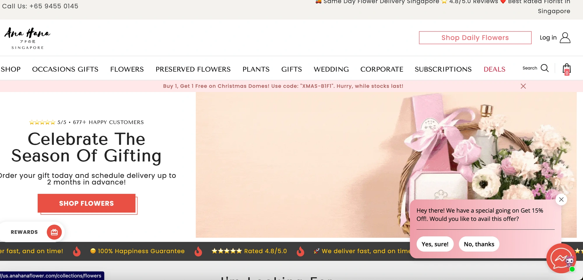 flower shop website with discount chat popup