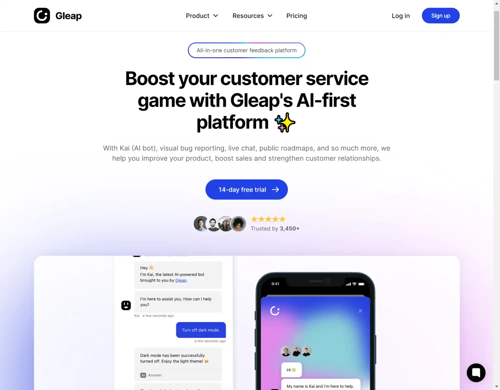gleap.ai first customer feedback platform homepage