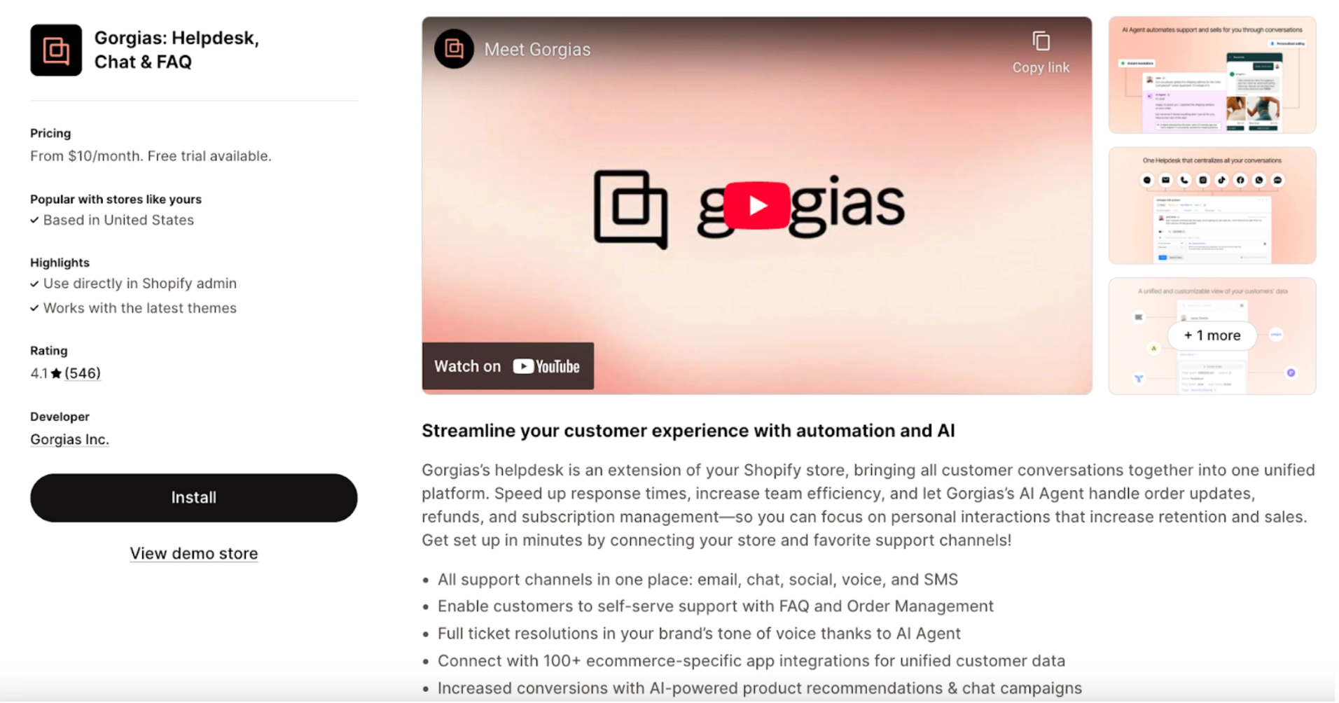 gorgias helpdesk app interface on shopify