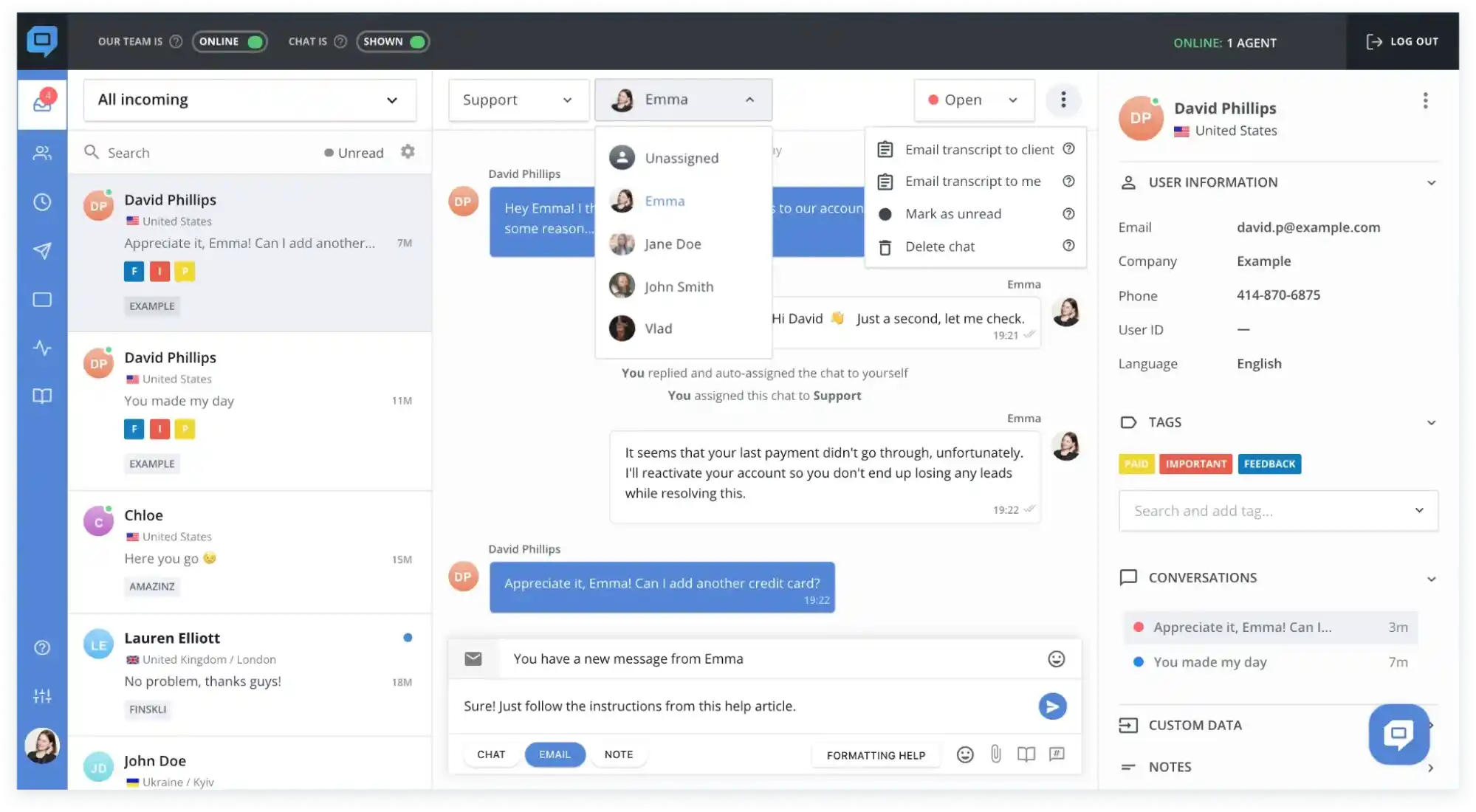 live chat dashboard managing customer conversations