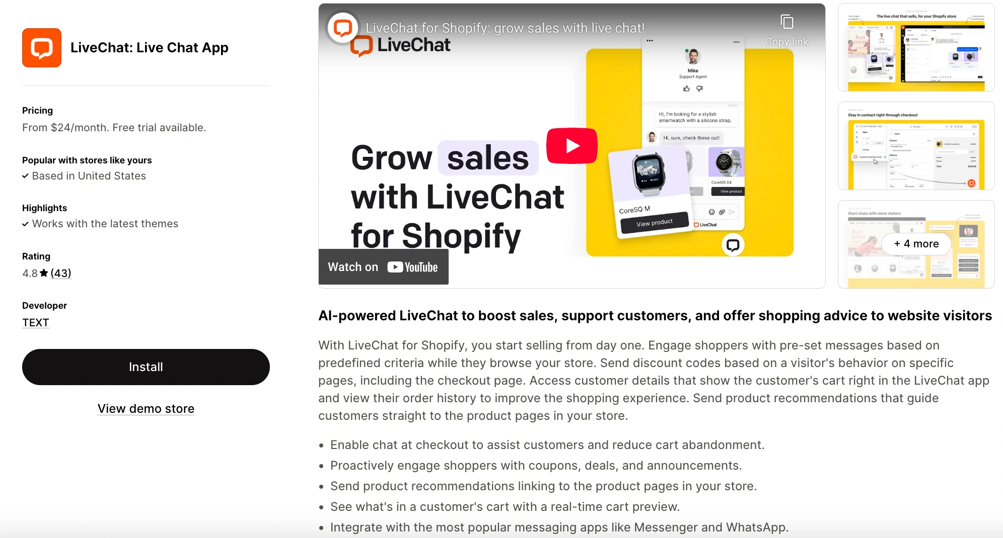 livechat app recommendations and cart preview