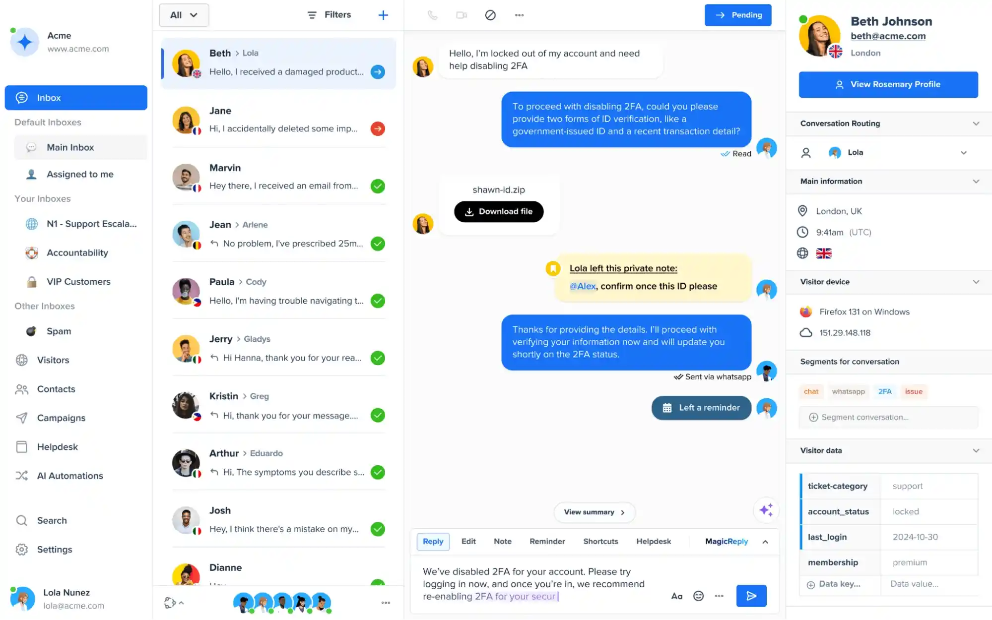 multichannel inbox with whatsapp integration and segmentation panels