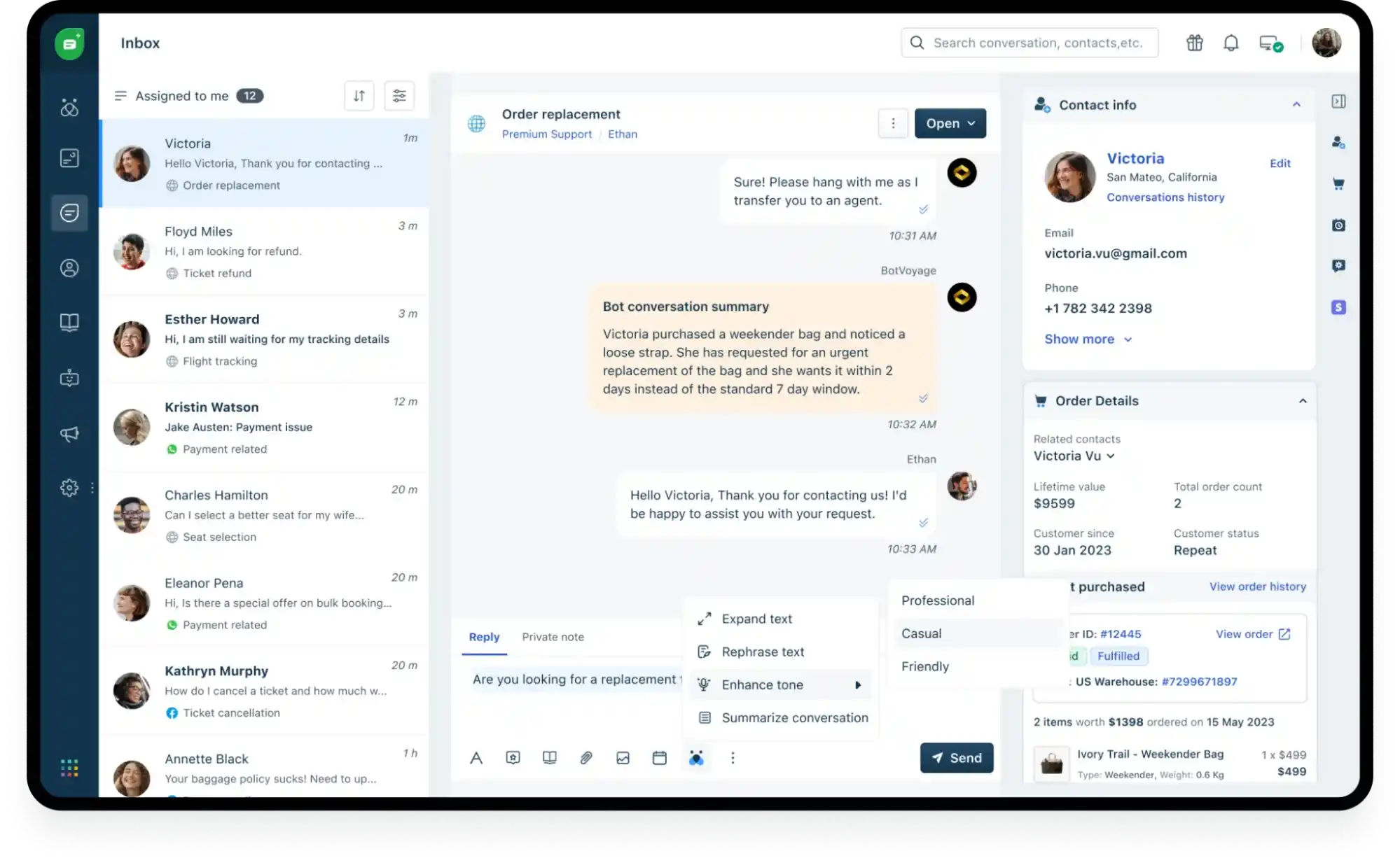 omnichannel helpdesk inbox with order details and tone assist