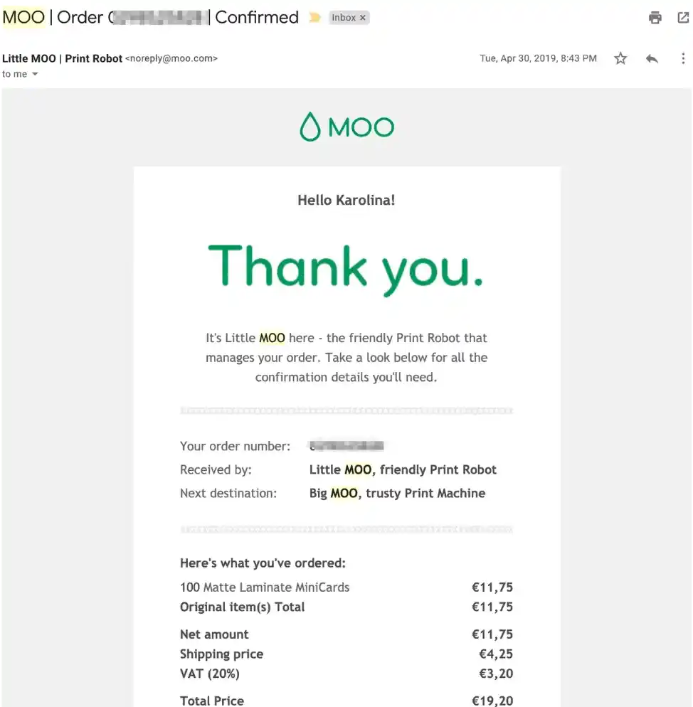 order confirmation email from moo