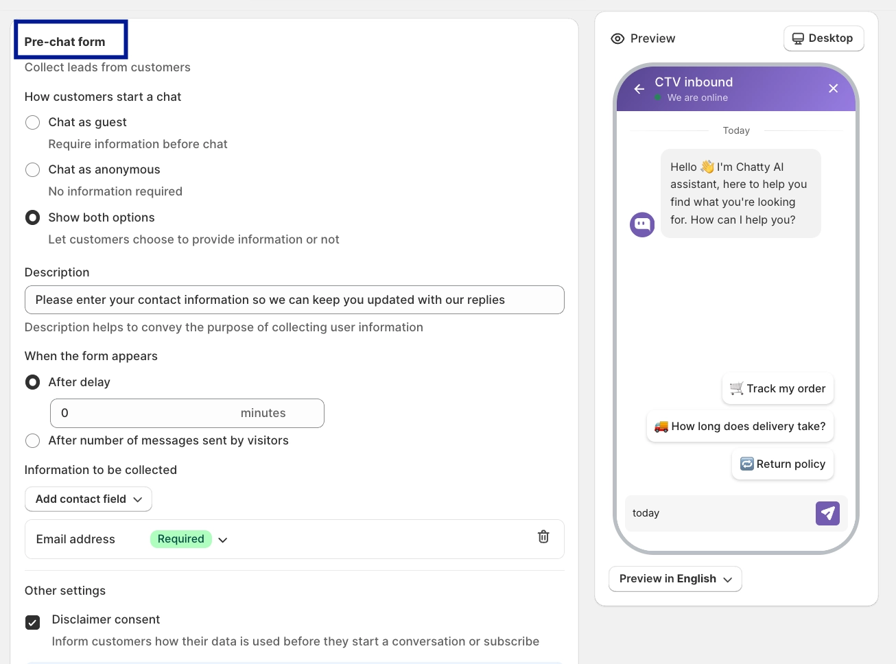 pre chat form email field in chatty