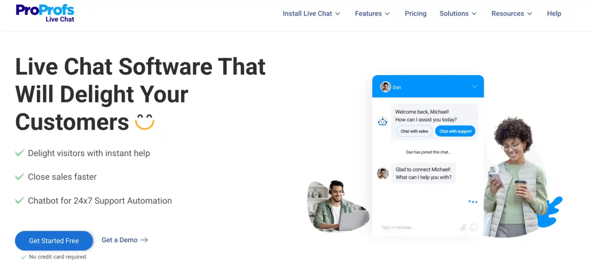 proprofs live chat software homepage with chatbot demo
