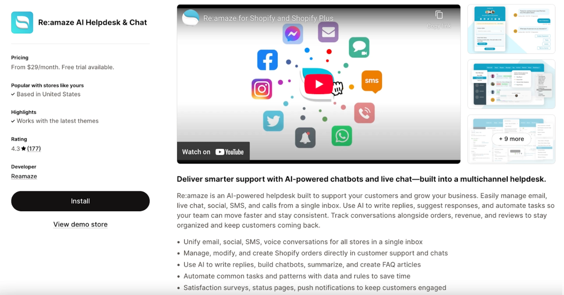 reamaze helpdesk app interface on shopify