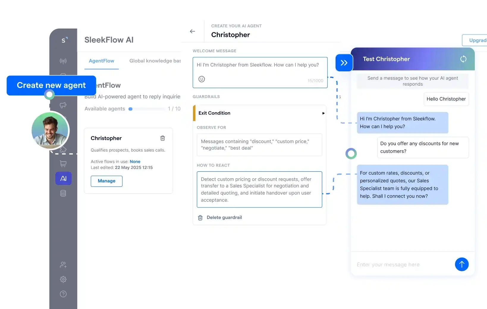 sleekflow ai agentflow dashboard chat test