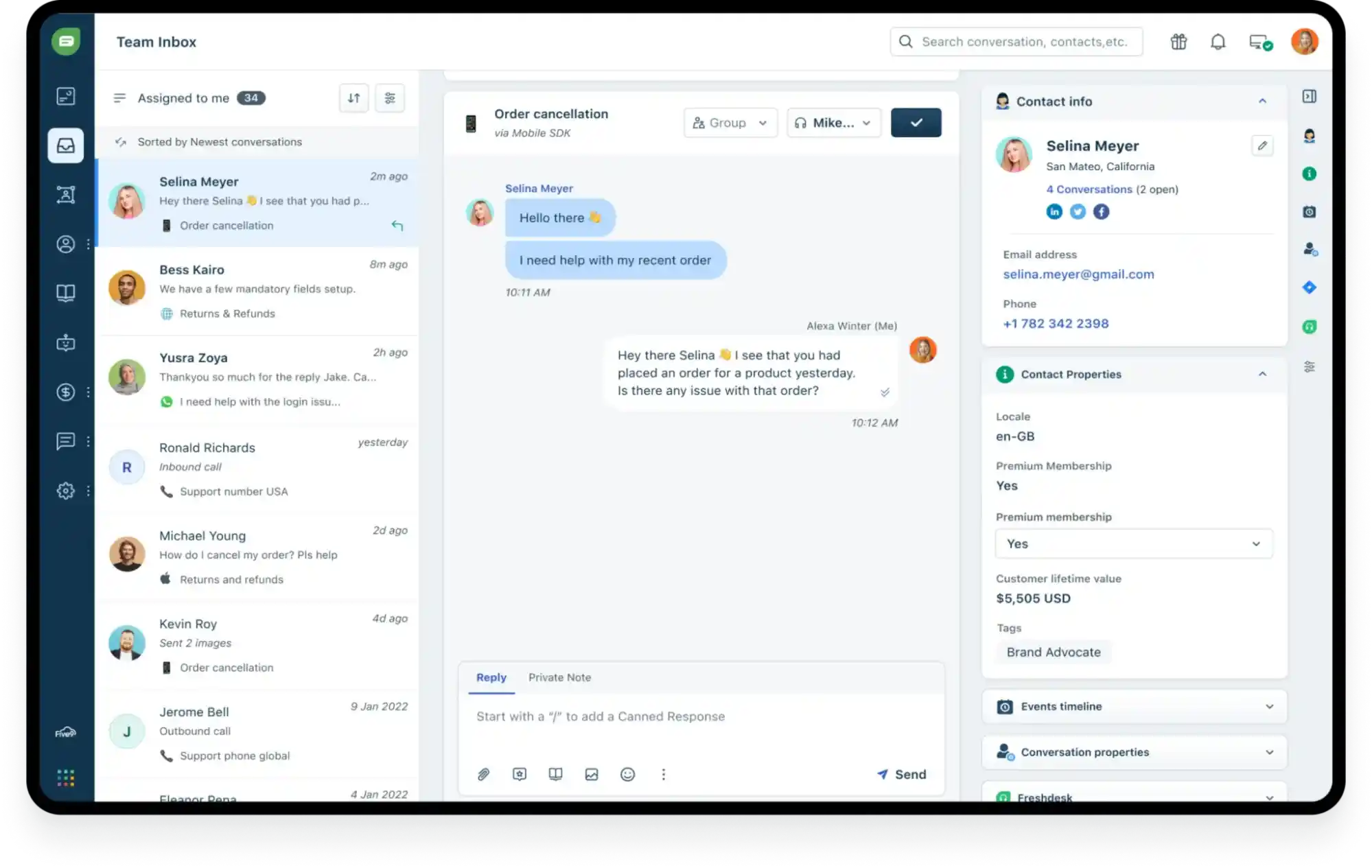 team inbox conversation view with contact properties
