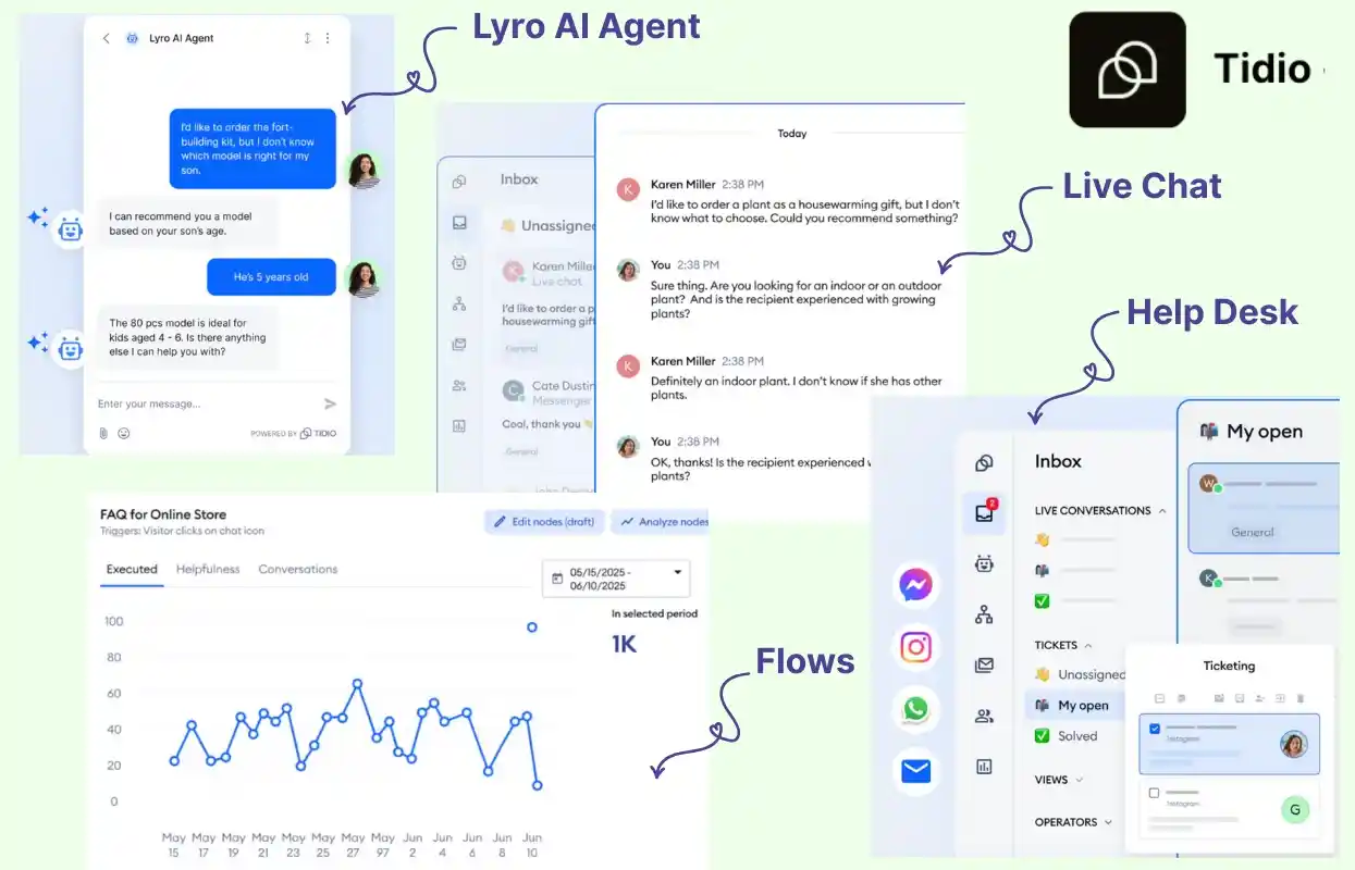 tidio lyro ai agent live chat flows