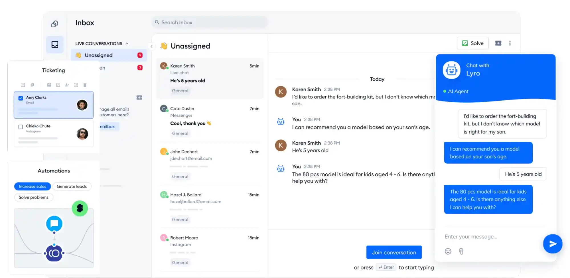 tidio lyro ai agent supports live chat
