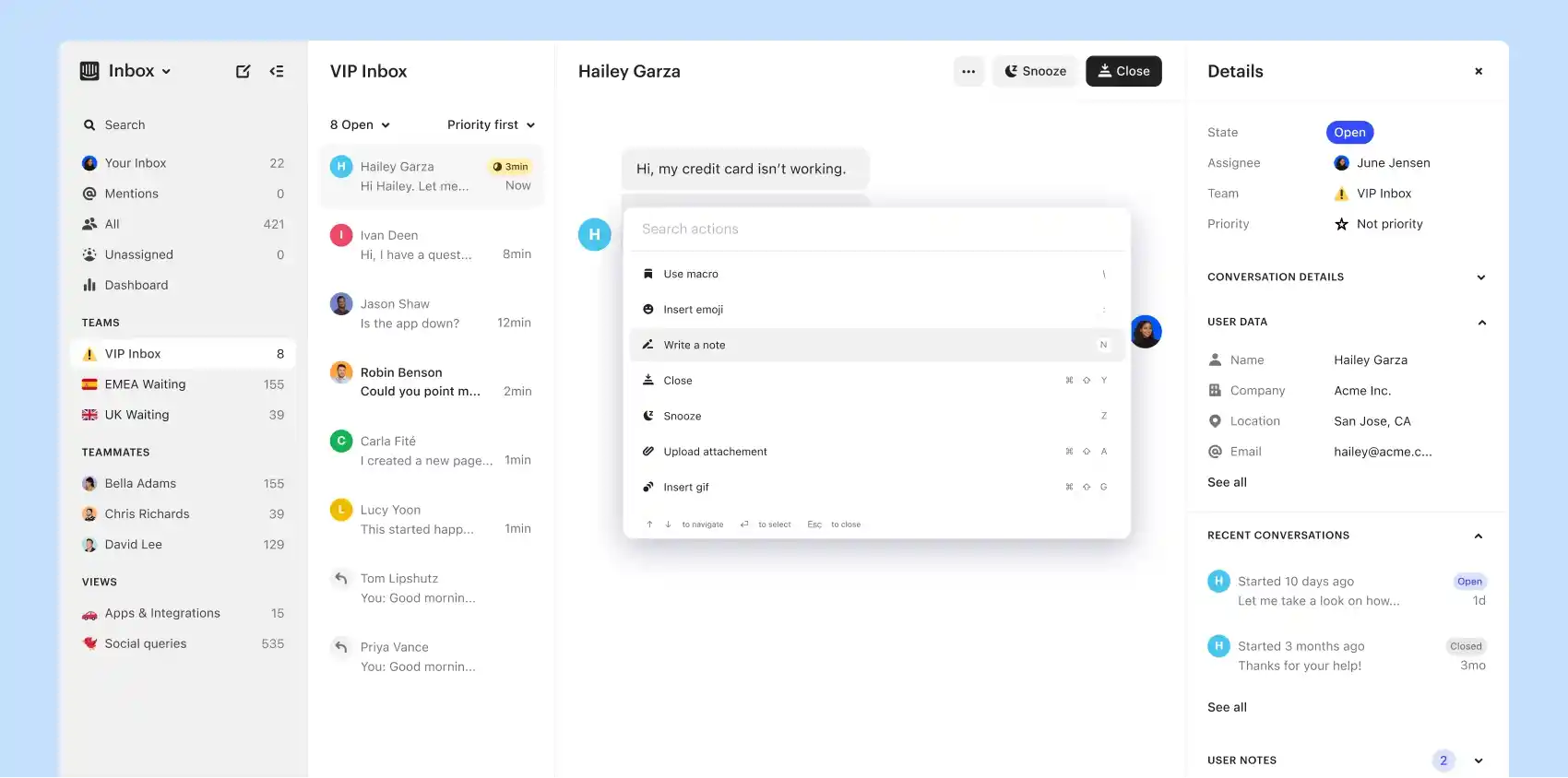 vip inbox prioritized conversations and user details
