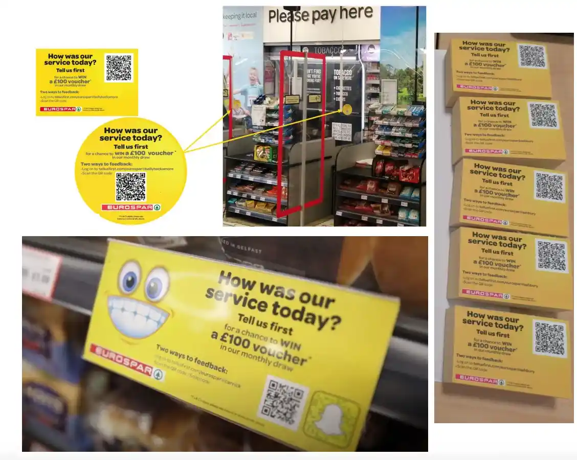 yellow feedback signs eurospar service survey promotion