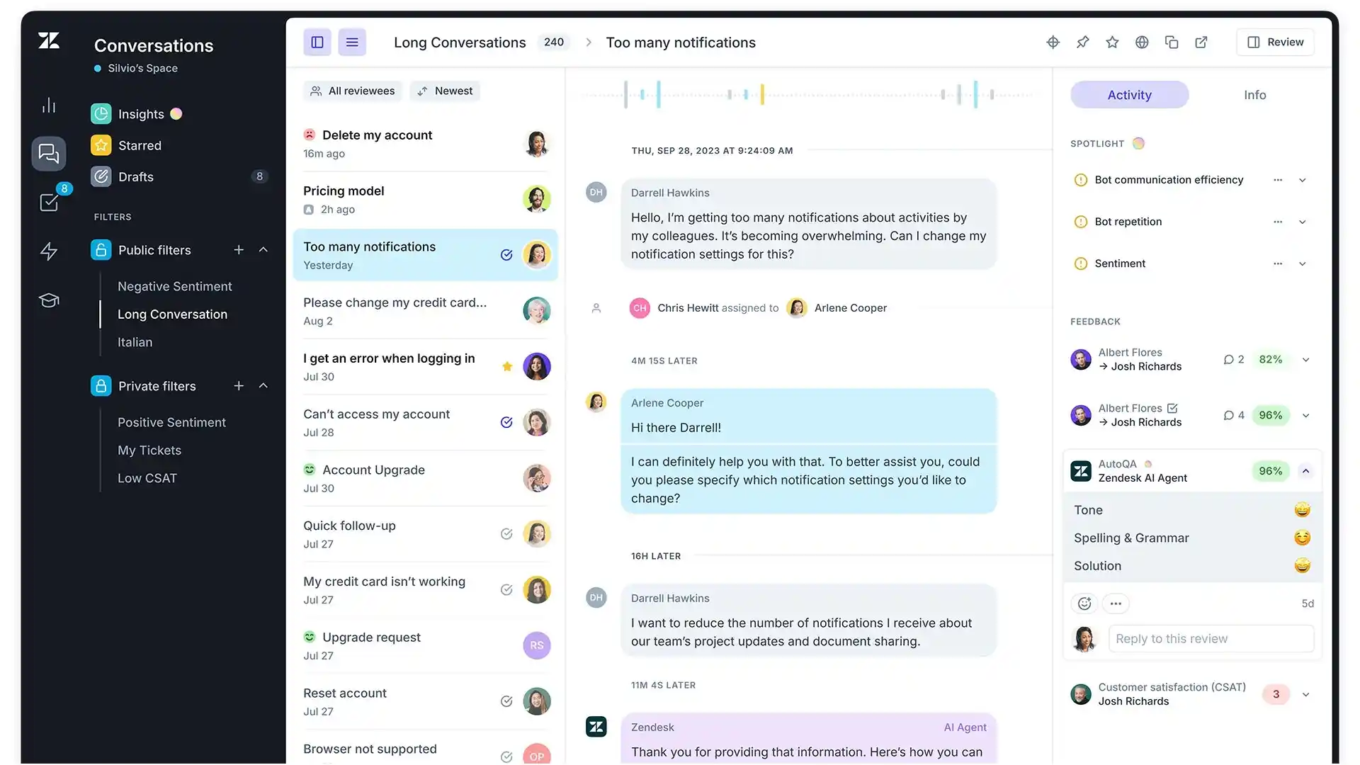 zendesk conversations inbox with ai sentiment and autoqa