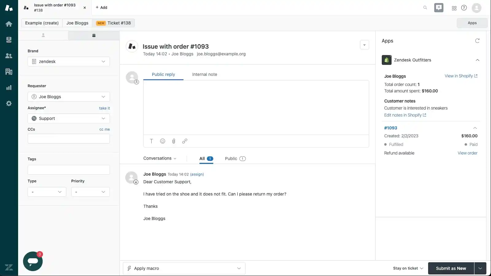 zendesk dashboard showing shopify customer order return request