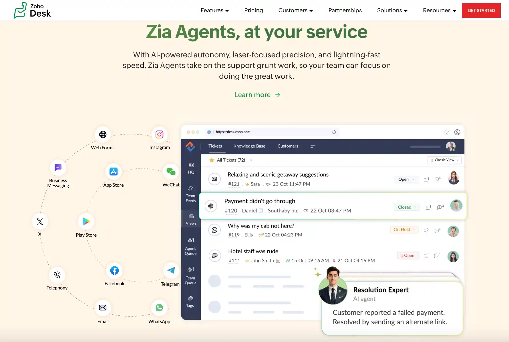 zoho zia agents handle multi channel support