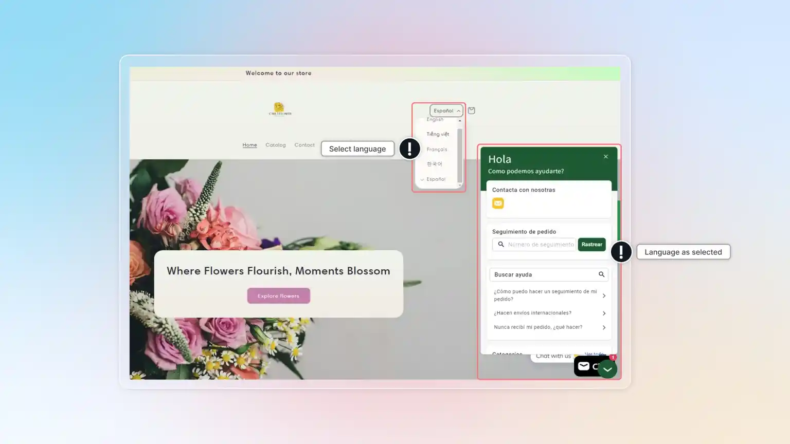 chatty multilingual widget language selection on storefront