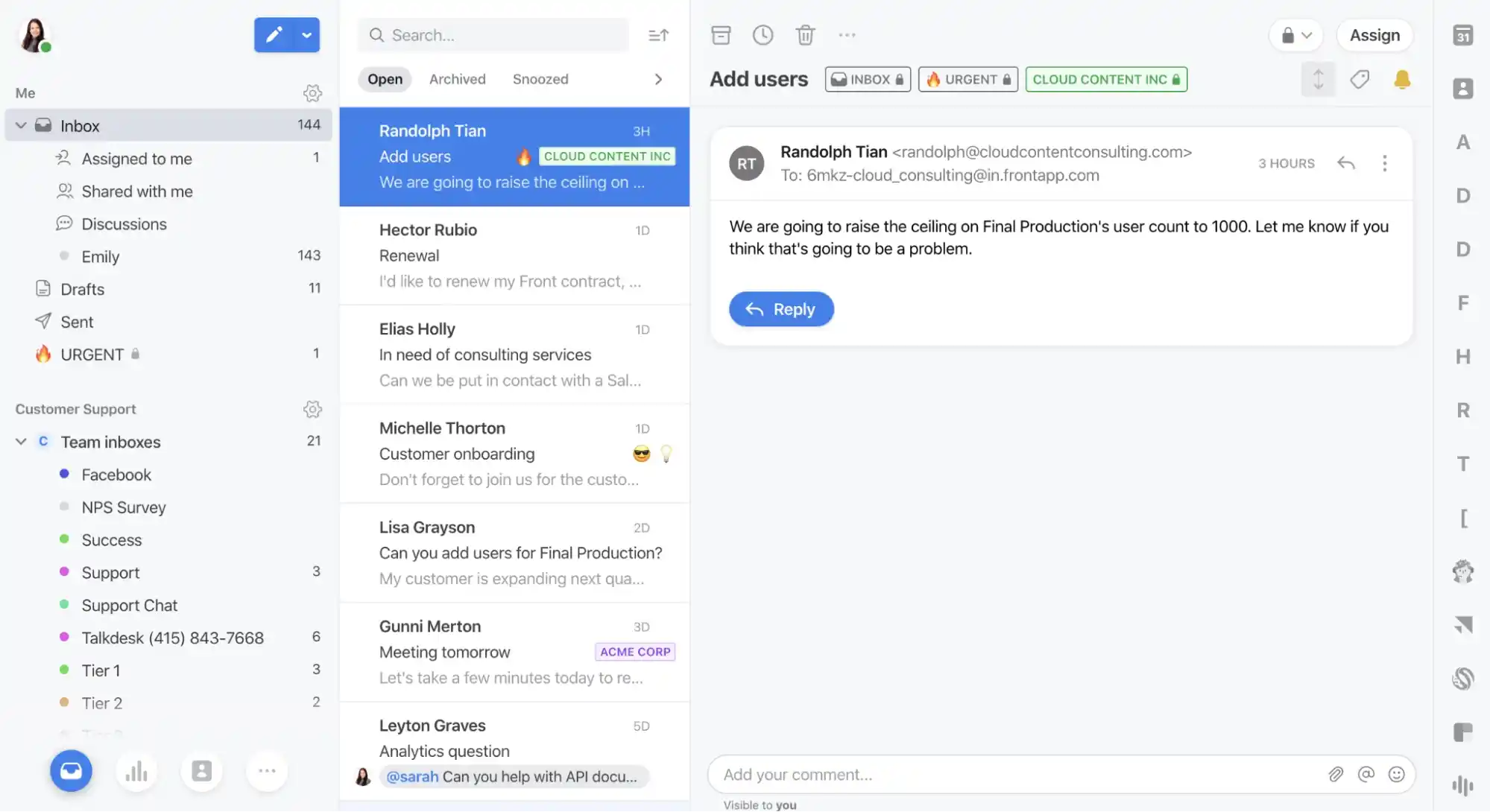 front-inbox collaboration dashboard with priority tags