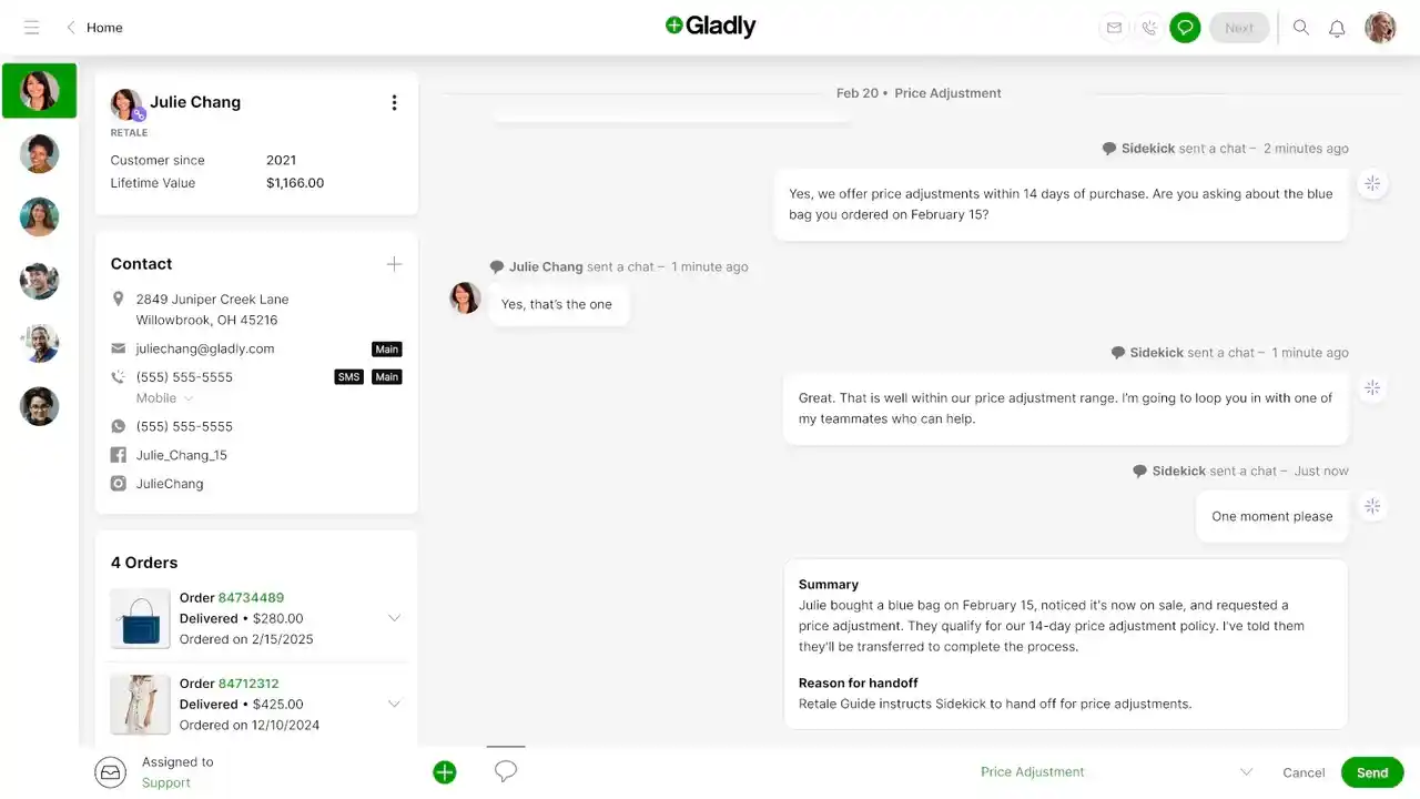 gladly customer profile and chat history view