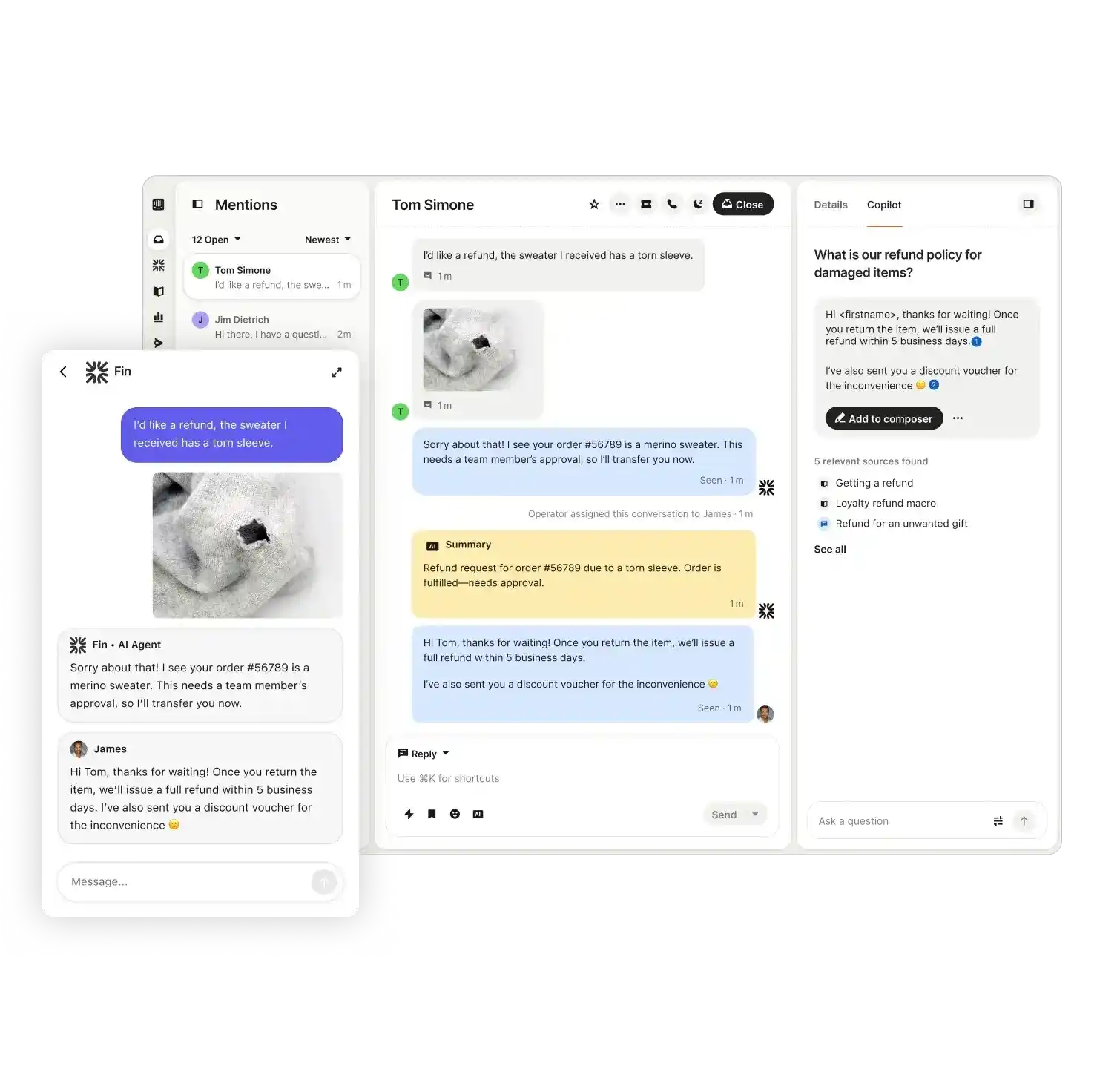 intercom ai refund workflow with copilot suggestions