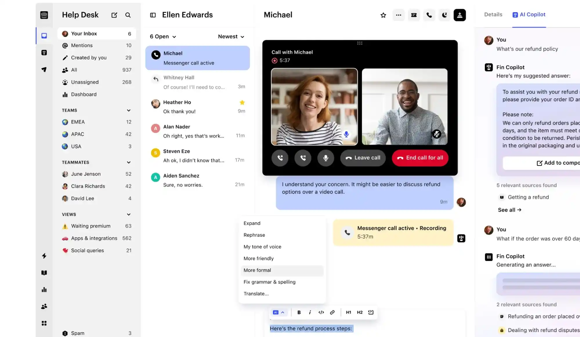 intercom helpdesk live video call with ai copilot
