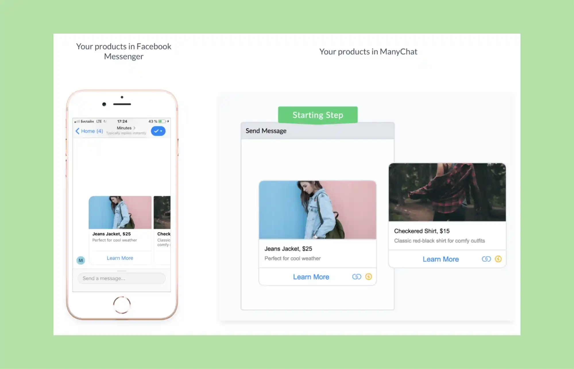 manychat product cards for facebook messenger