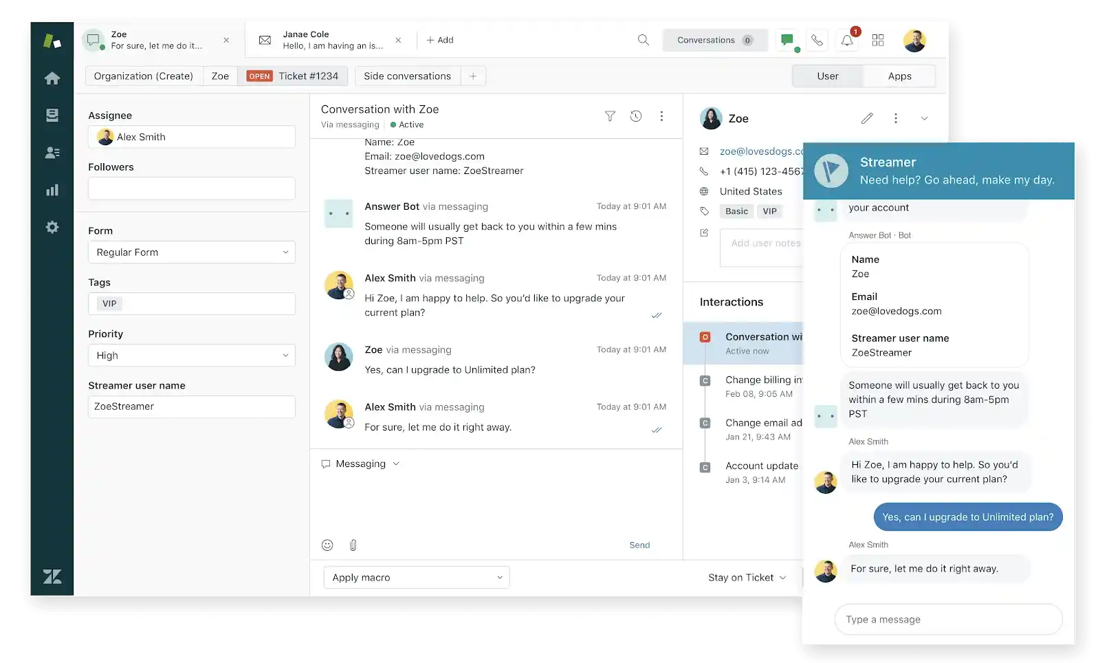 zendesk- customer chat interface with agent and bot