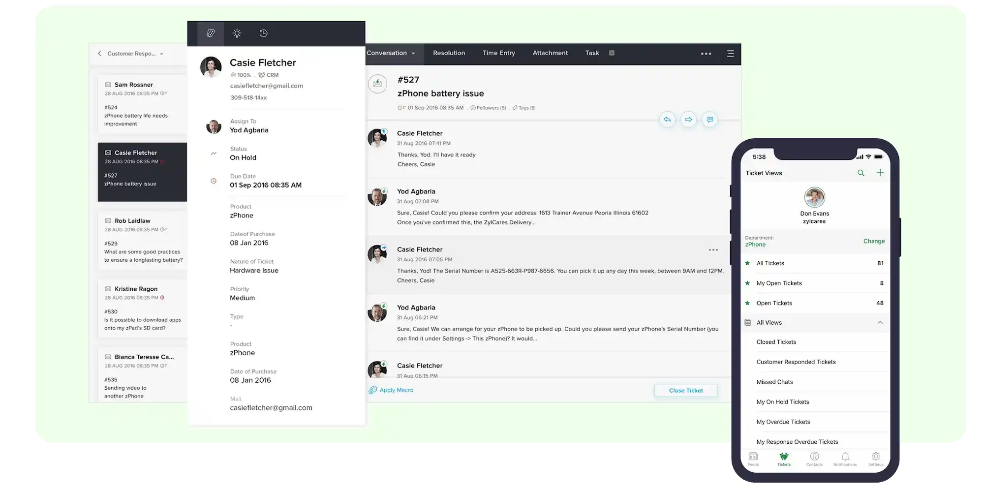 zoho desk ticket management dashboard and mobile view