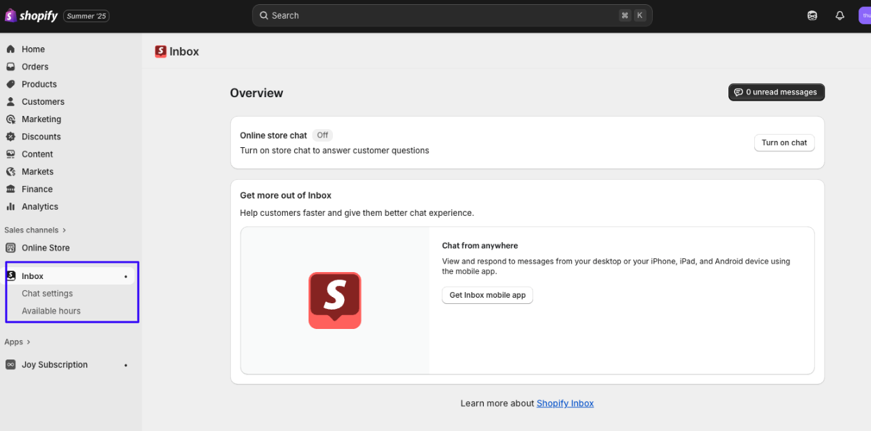 The Inbox box will appear 