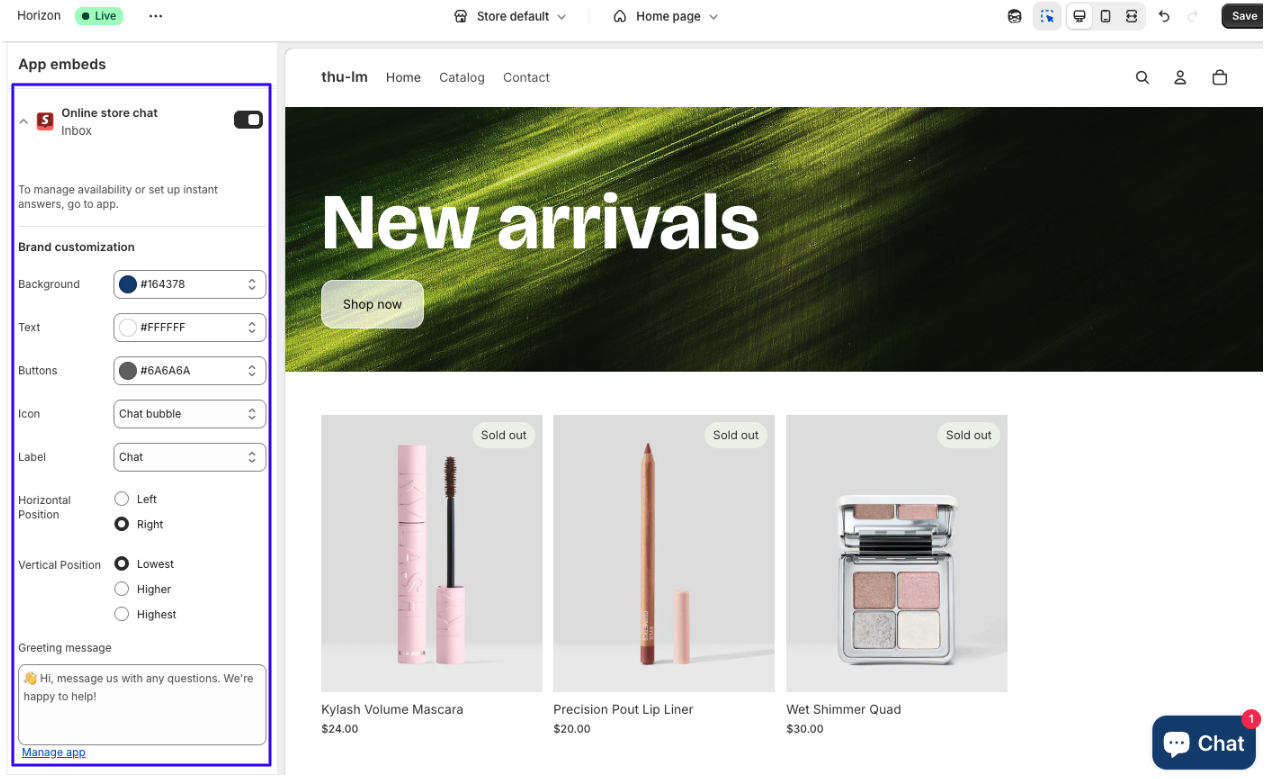 toggle Shopify Inbox ON