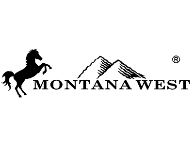 Montana West registered trademark logo with rearing horse and mountain silhouette in black on white background