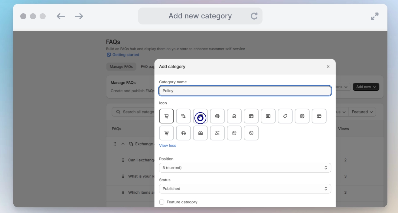 add new faq category modal with icon selection