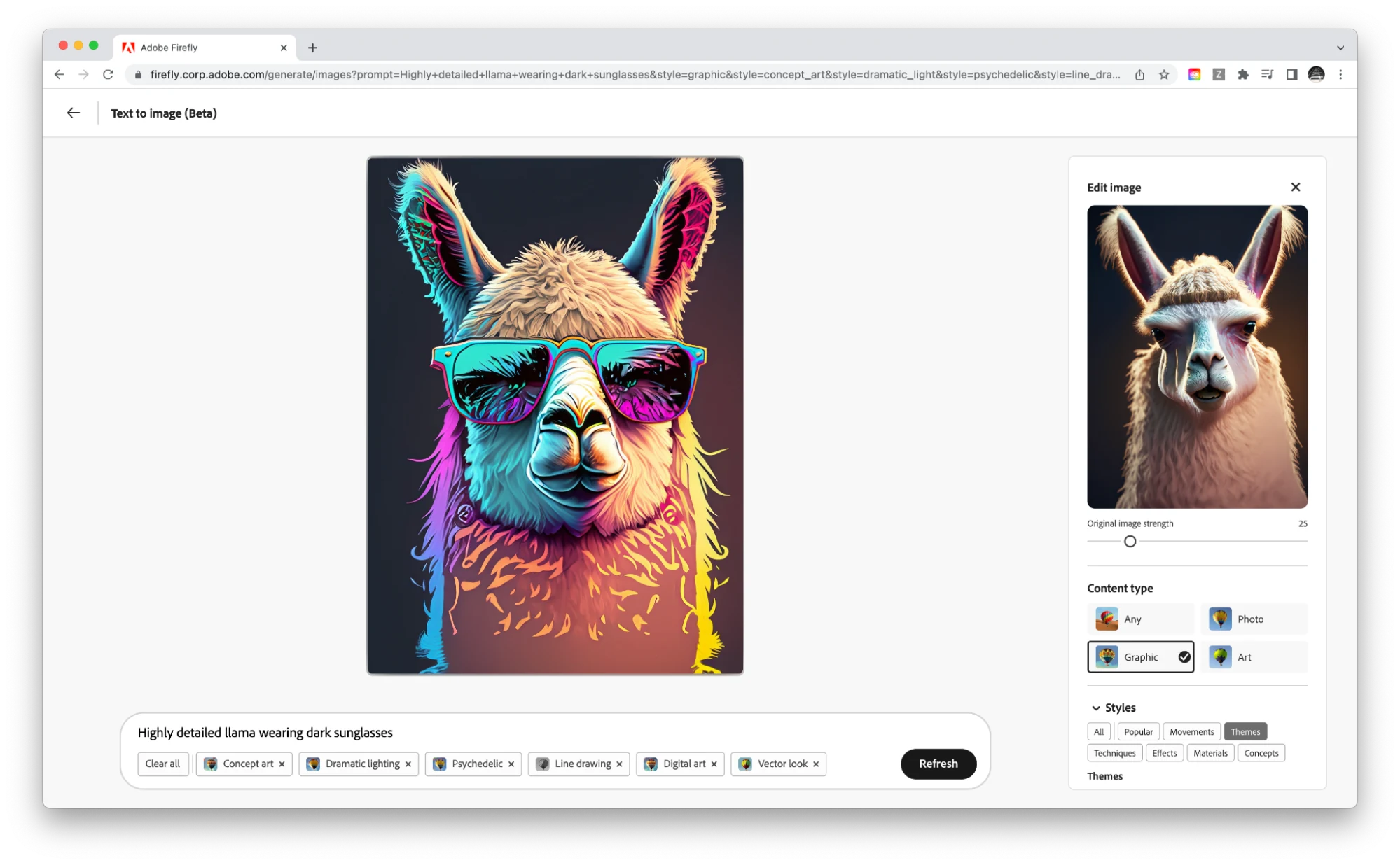adobe firefly interface generating llama illustration from text