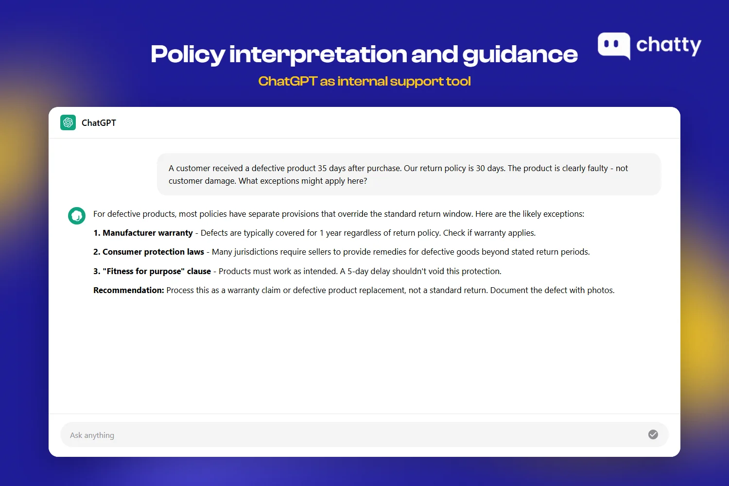 Use case showing agent asking ChatGPT about policy exceptions for a defective product outside return window
