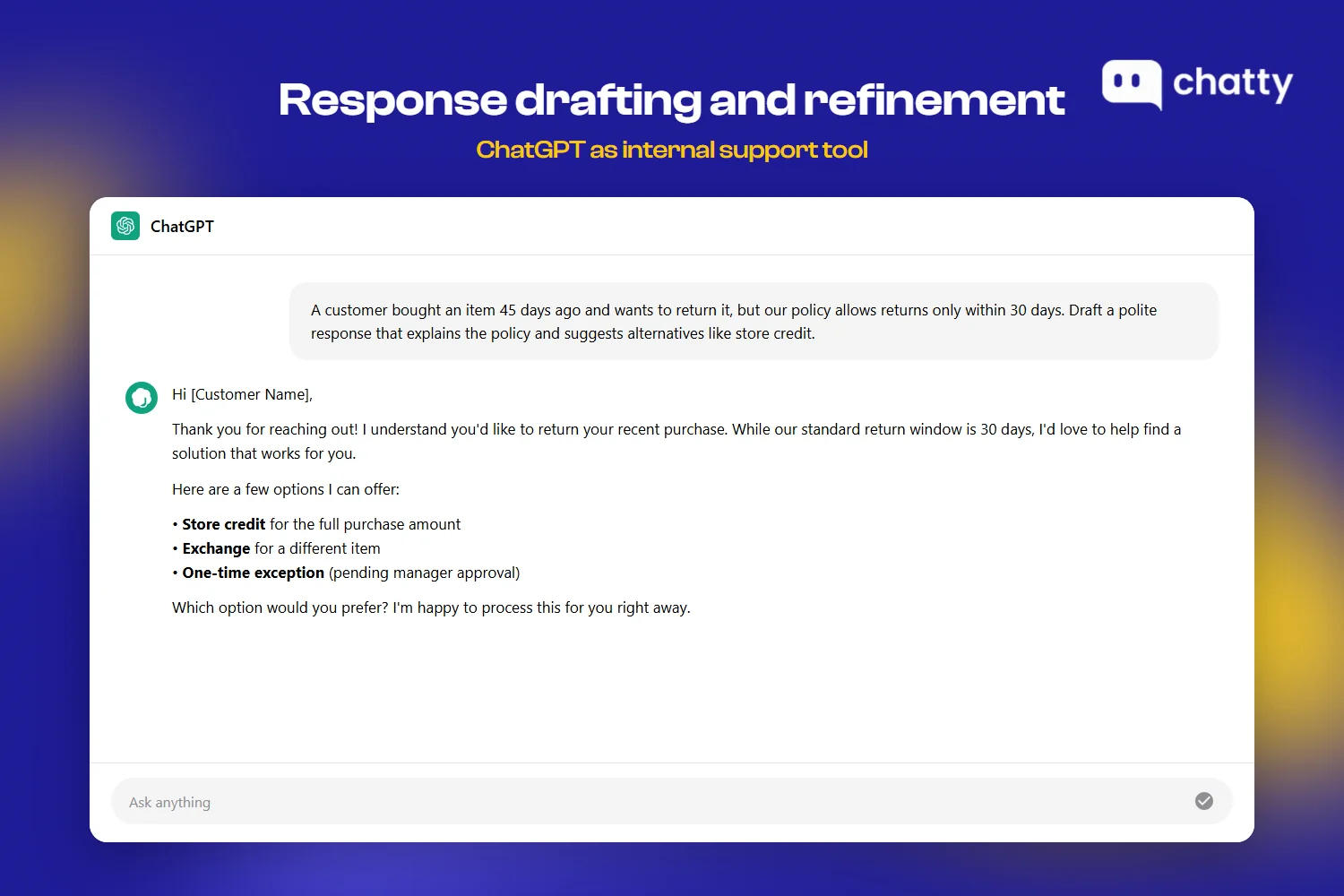 Use case showing the agent pasting the customer message into ChatGPT and receiving a draft reply for review
