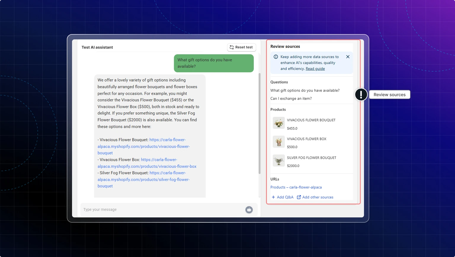 Chatty AI assistant showing review sources panel