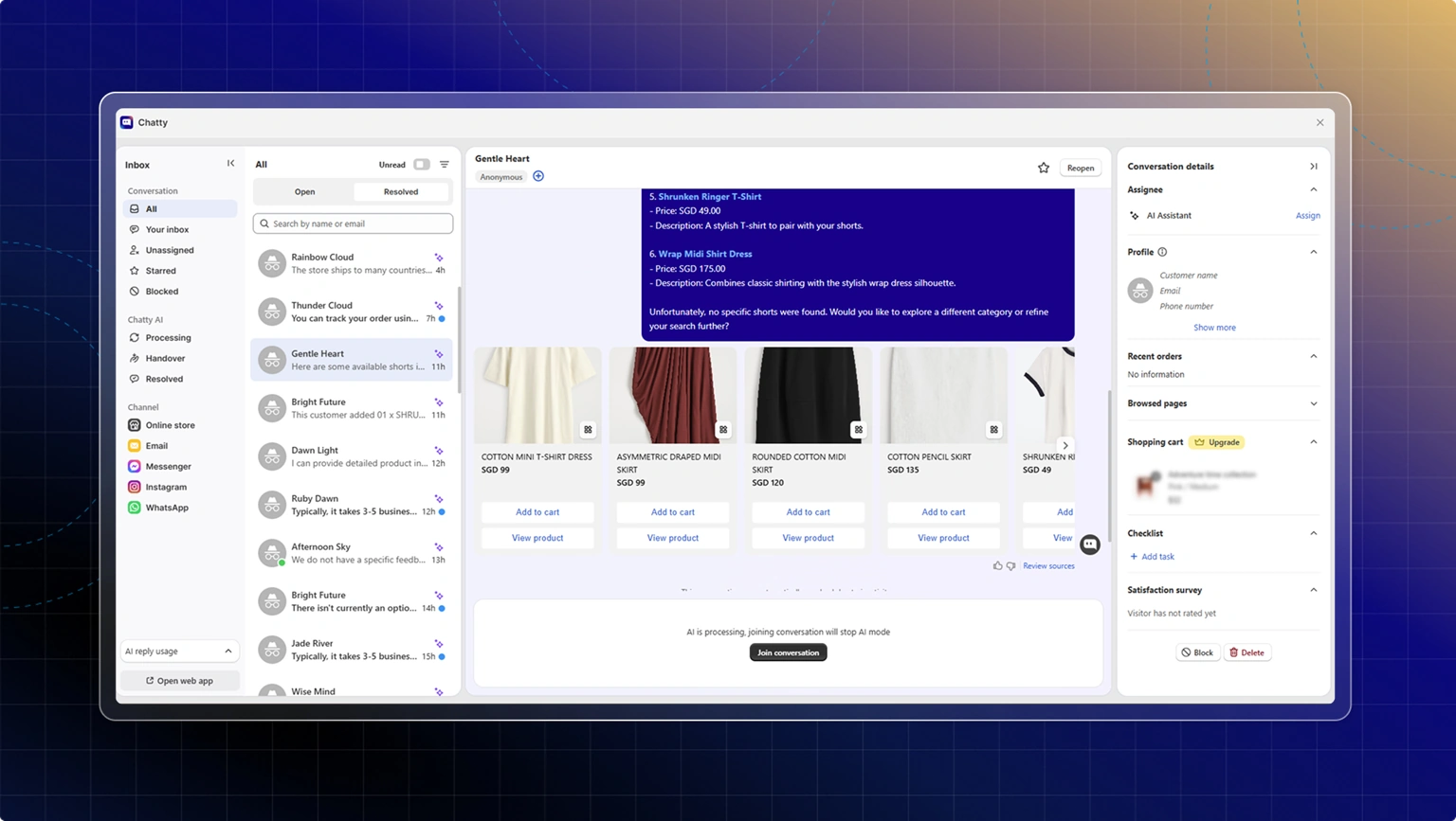 chatty ai customer support dashboard with product cards