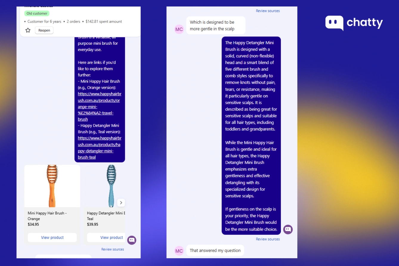 Chatty AI chatbot delivering personalized hair brush suggestions