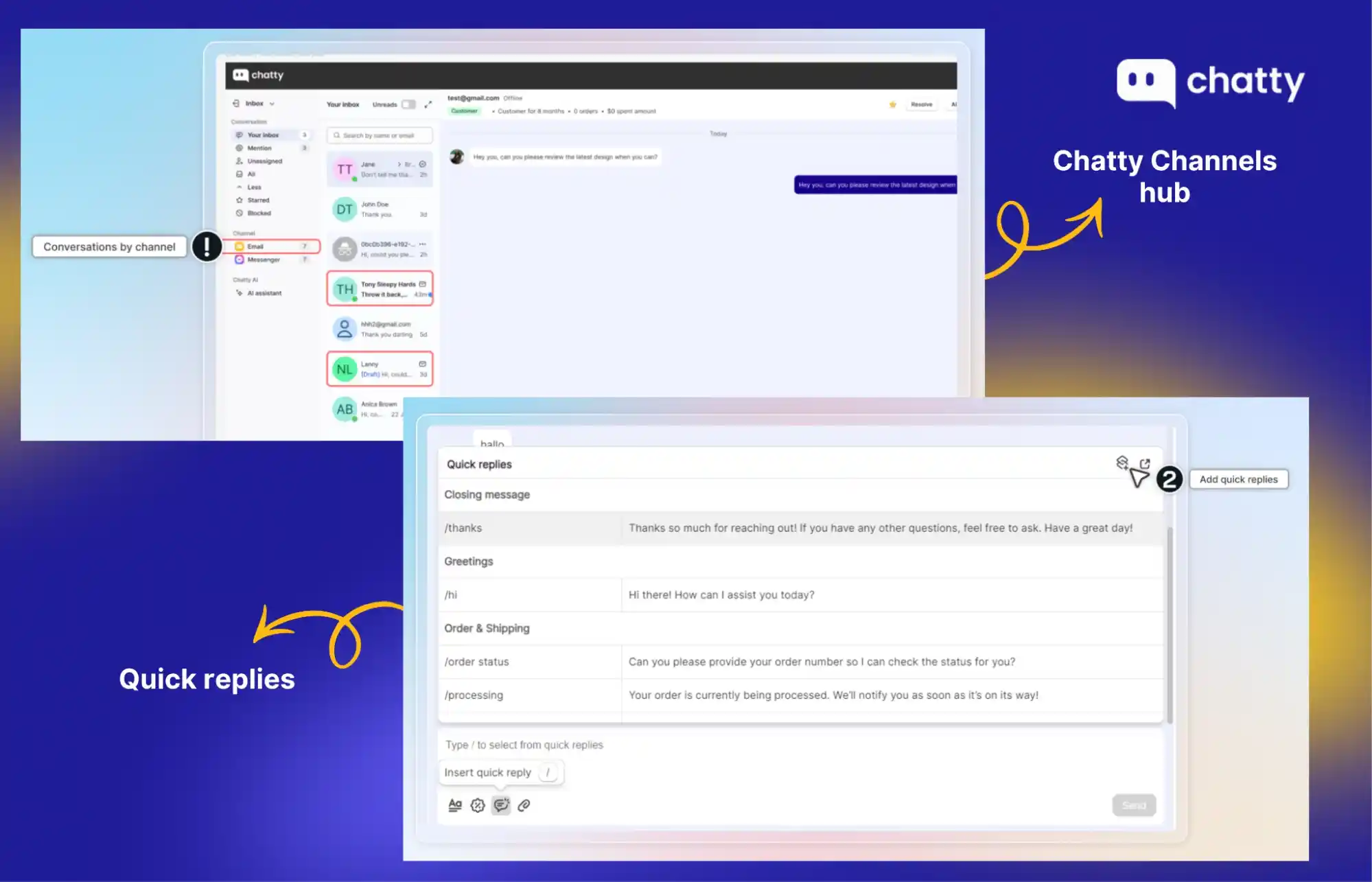 chatty channels hub and quick replies