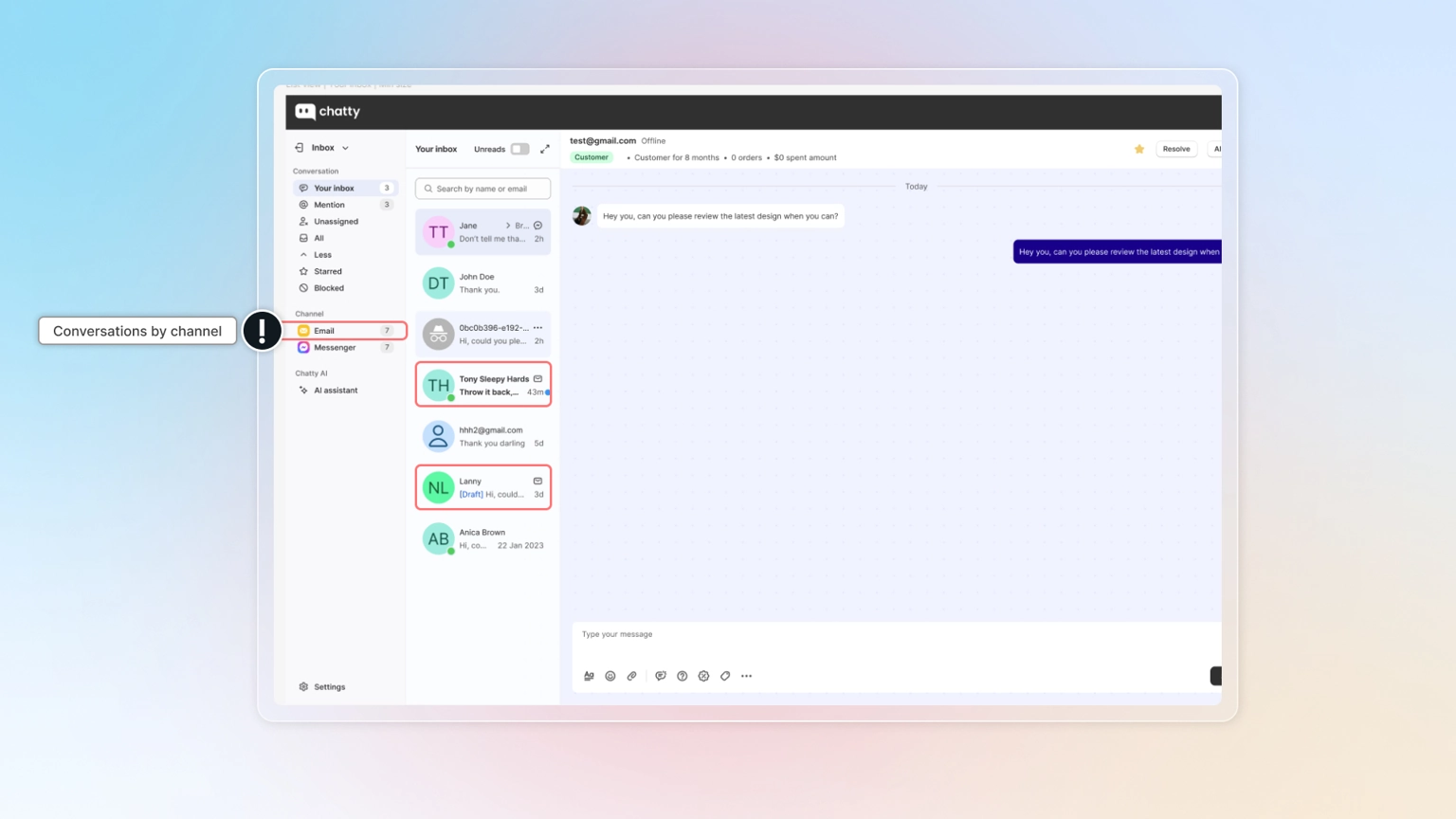 chatty inbox view conversations by channel and status