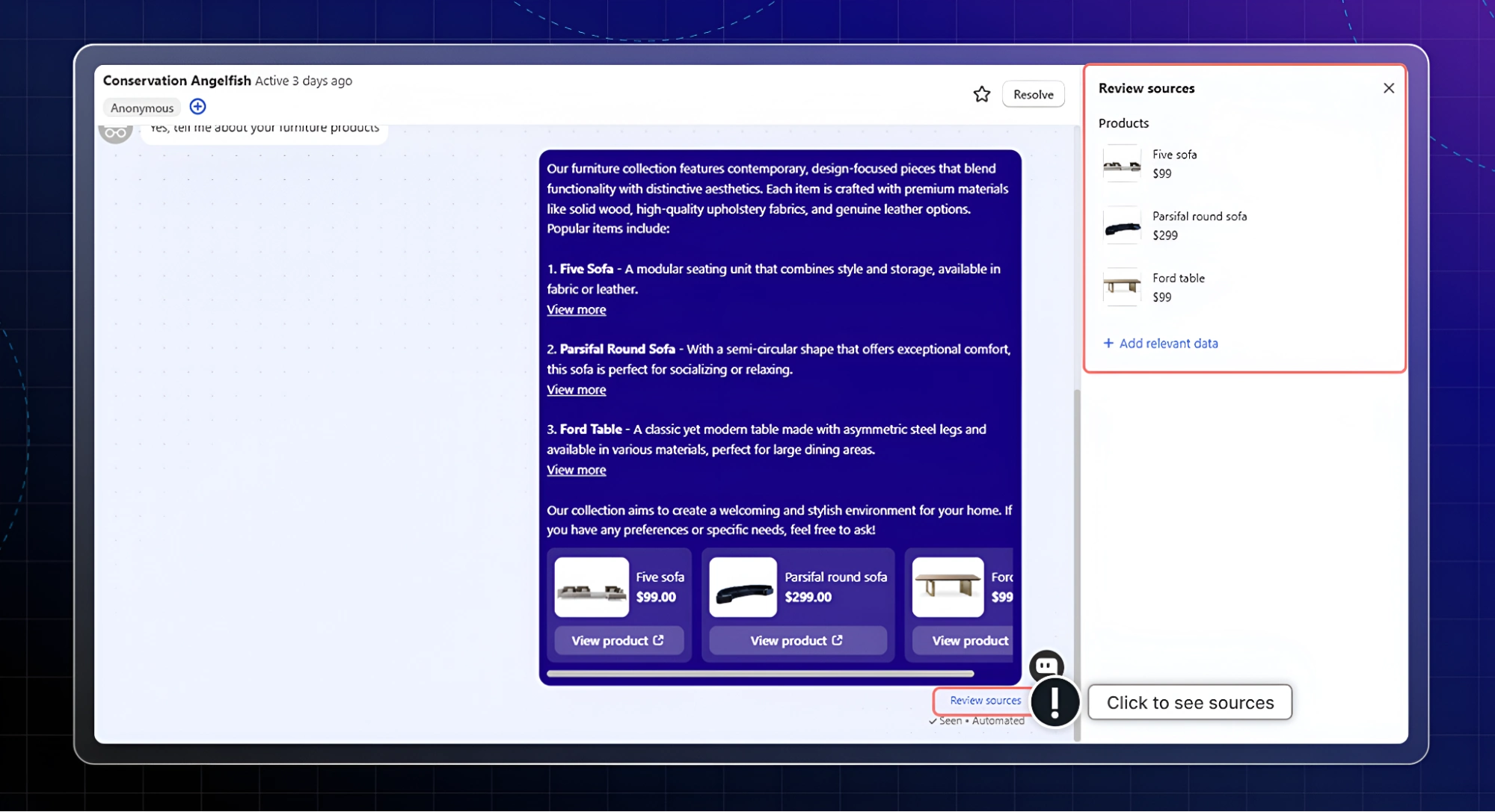 Chatty product chat with sources and linked product cards