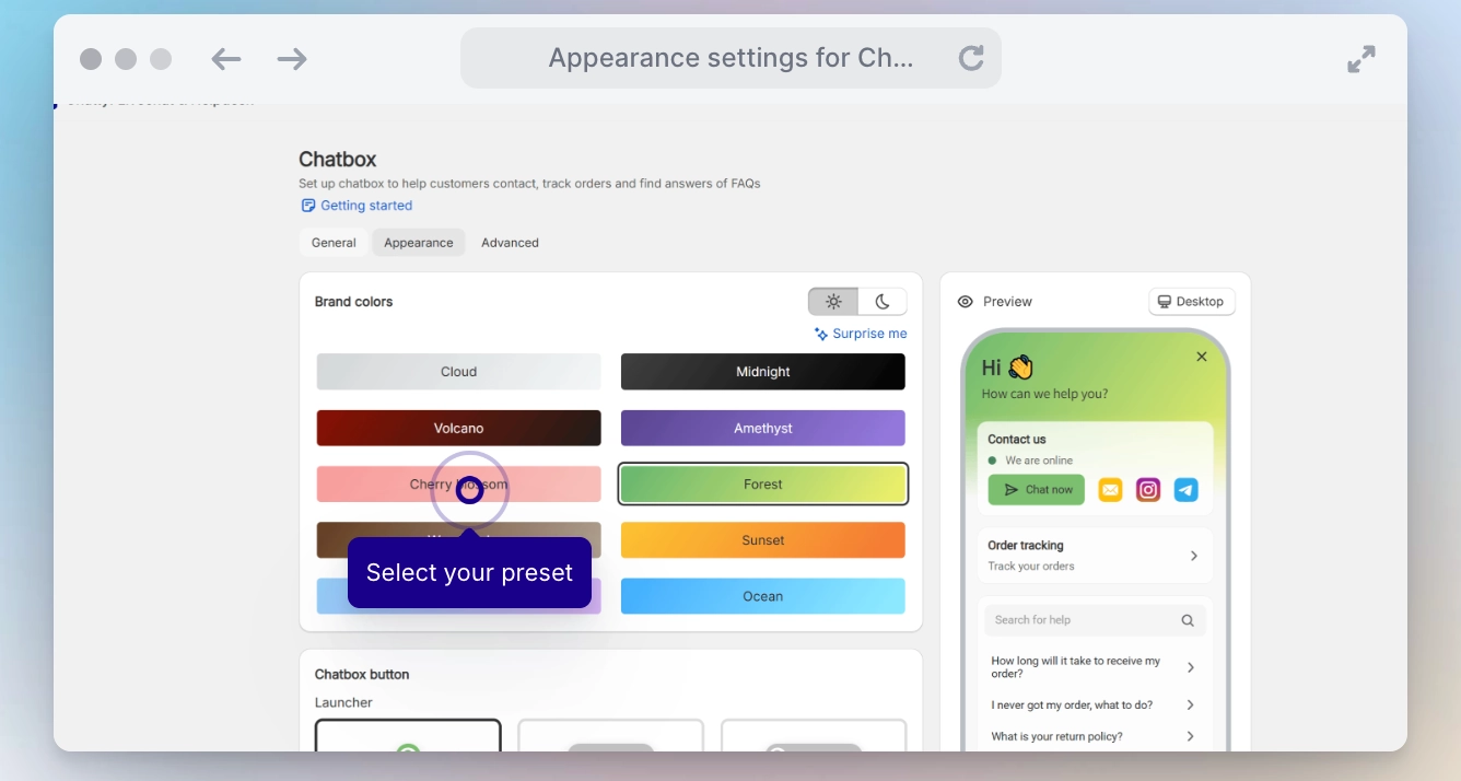 choose chatbox brand color preset with live preview